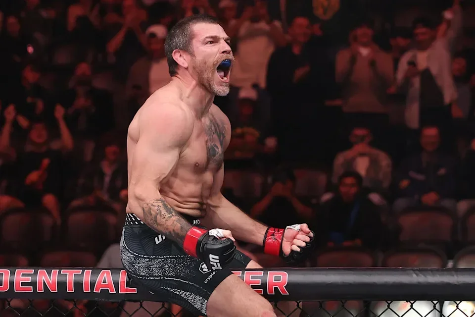 NEWARK, NEW JERSEY - MAY 09: Jim Miller reacts after a submission victory against Jared Gordon in a lightweight fight during the UFC 328 event at Prudential Center on May 09, 2026 in Newark, New Jersey. (Photo by Ed Mulholland/Zuffa LLC)